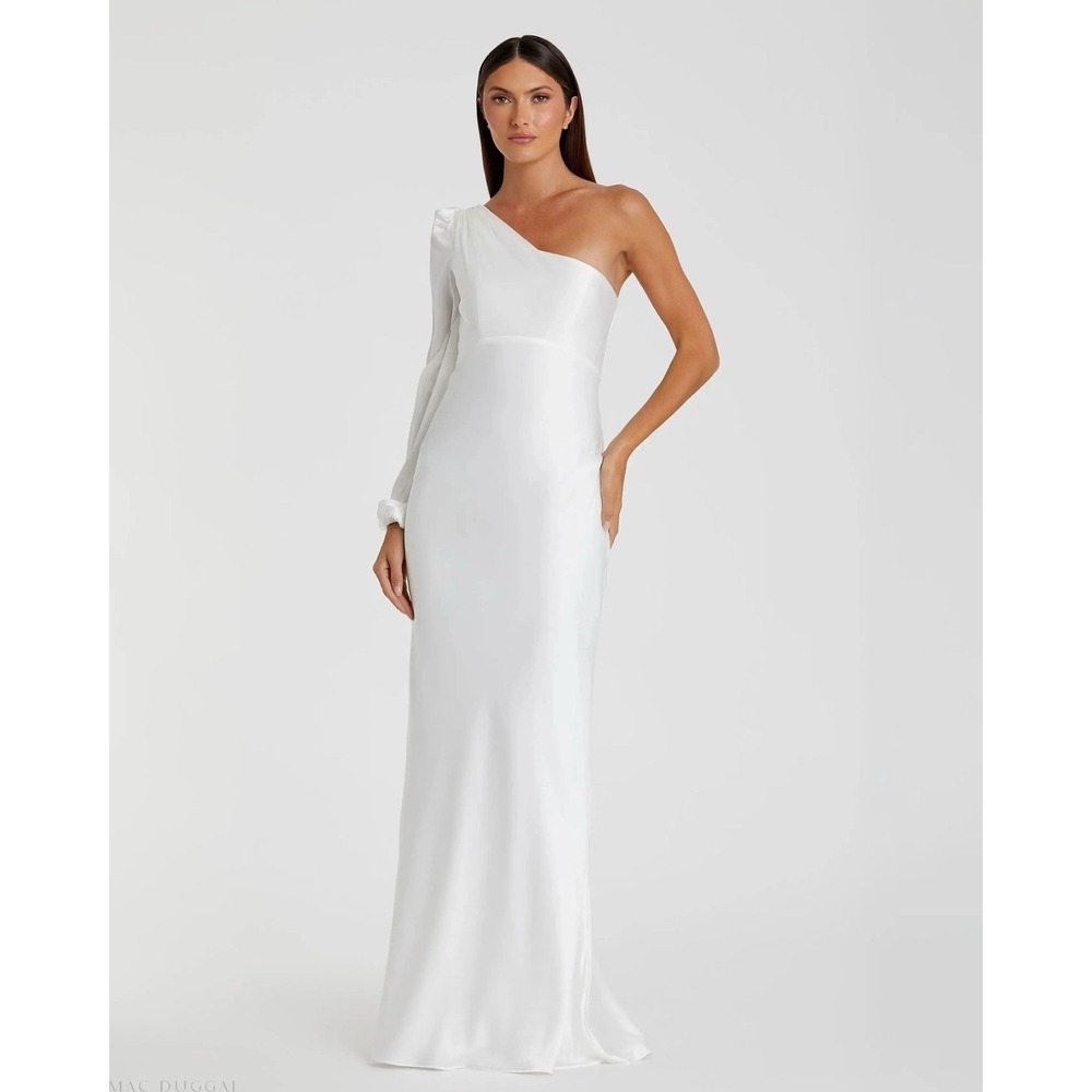 Mac Duggal Ieena 55401 One Shoulder Blouson Sleeve Satin Gown, White, Size 8 NWT